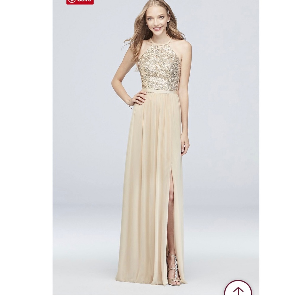 David’s Bridal Gold Open-Back Sequin and Mesh Bridesmaid Dress size 10